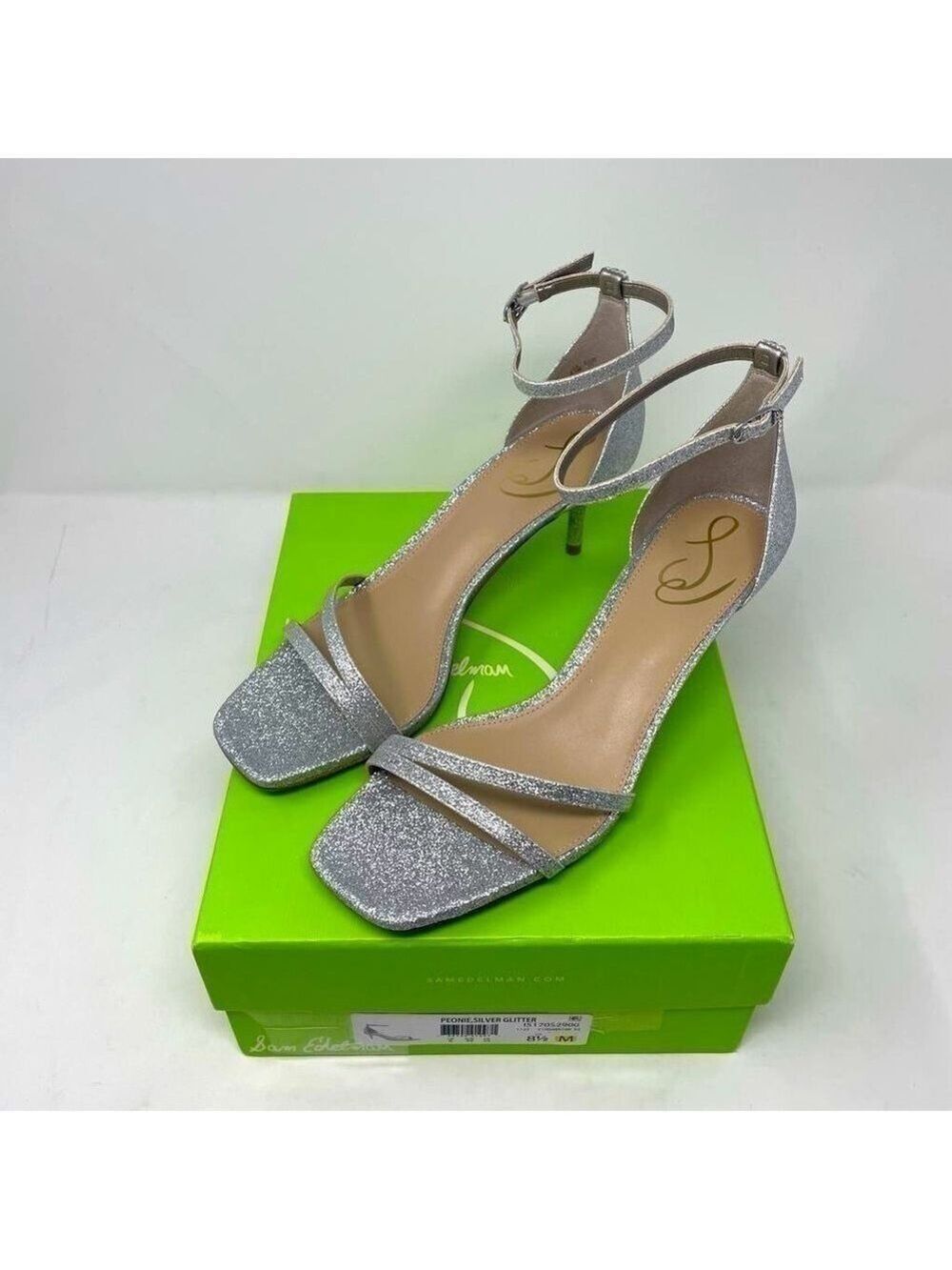 NIB Sam Edelman Peonie Ankle Strap Leather Kitten Heel Sandals in Silver Glitter - Picture 8 of 13